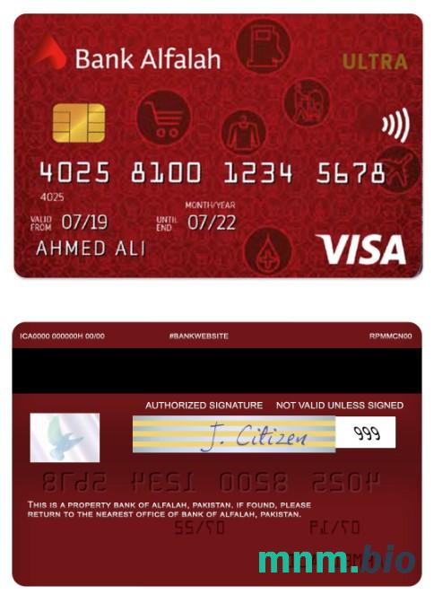 Pakistan Bank of Alfalah visa ultra cashback credit karta przykład w formacie PSD